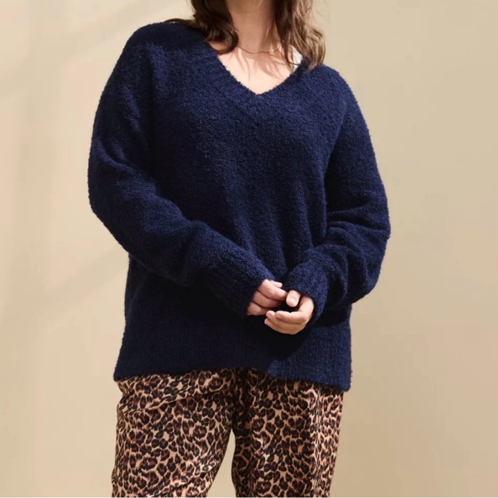Aerie Navy V-Neck Teddy Boucle Sweater Size Large